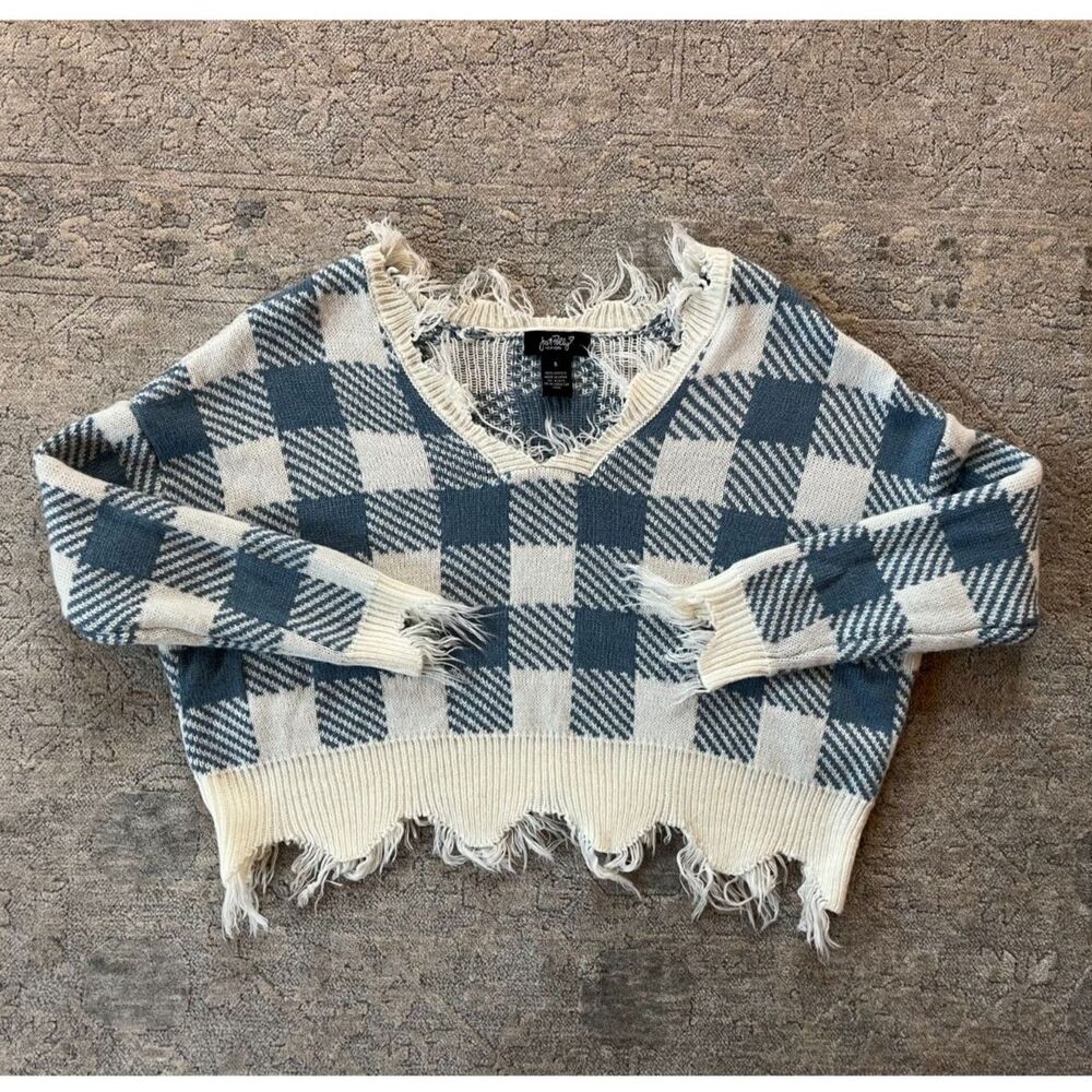 Just Polly Sweater Distressed Blue Checkered V Neck Women Size Small